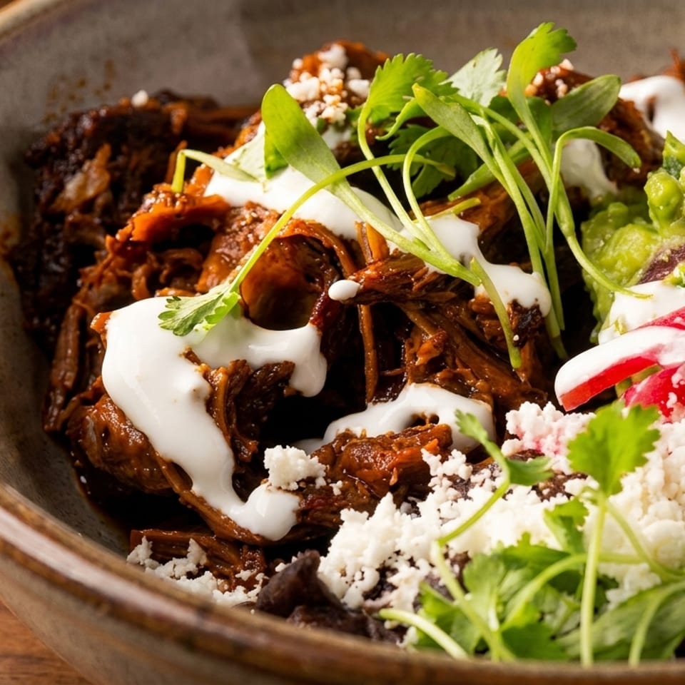Mexican-inspired bowl with shredded meat, black beans, guacamole, radishes, crema, queso fresco, and cilantro.