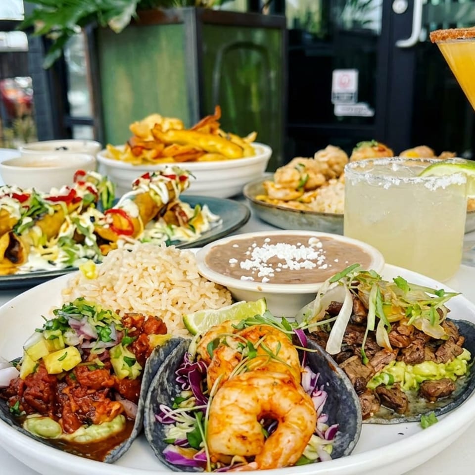 Mexican feast featuring shrimp, steak, and saucy tacos with rice, beans, fries, and margaritas on a patio.