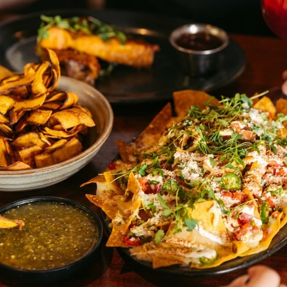 Loaded nachos with guacamole, crema, salsa, and greens beside plantain chips, dipping sauces, a sandwich, and red drink.