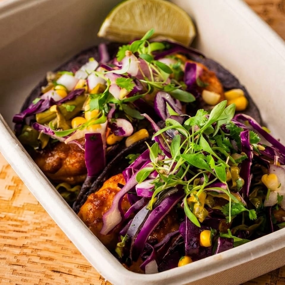 Two colorful tacos topped with red cabbage, corn, onions, herbs, and microgreens in a takeout container with lime wedge.