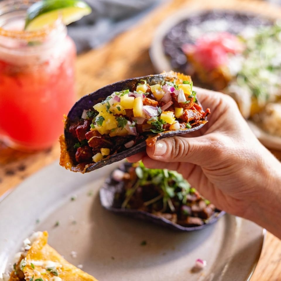 Hand holding a loaded taco with grilled meat, pineapple, onions, and cilantro above a plate of tacos and colorful drinks.