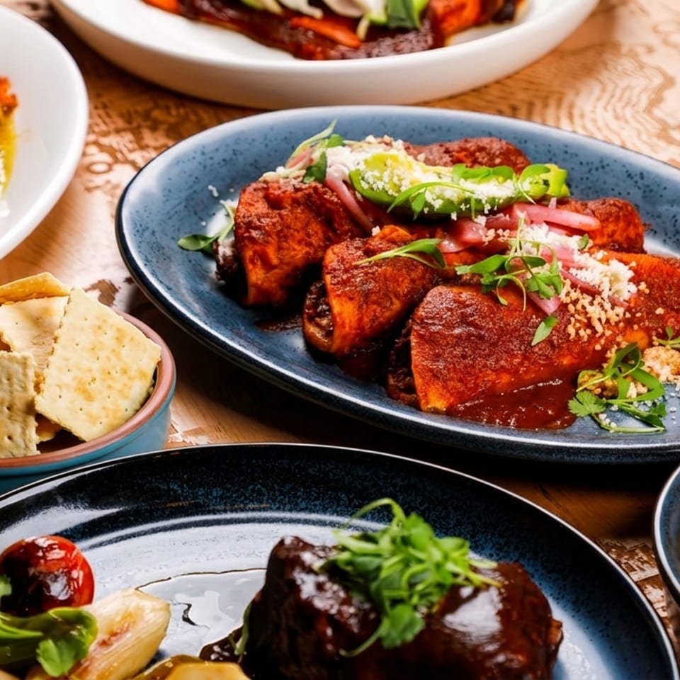 Assorted Latin-inspired dishes served on colorful plates, including saucy enchiladas, grilled meat, shrimp salad, crackers, and vegetables.