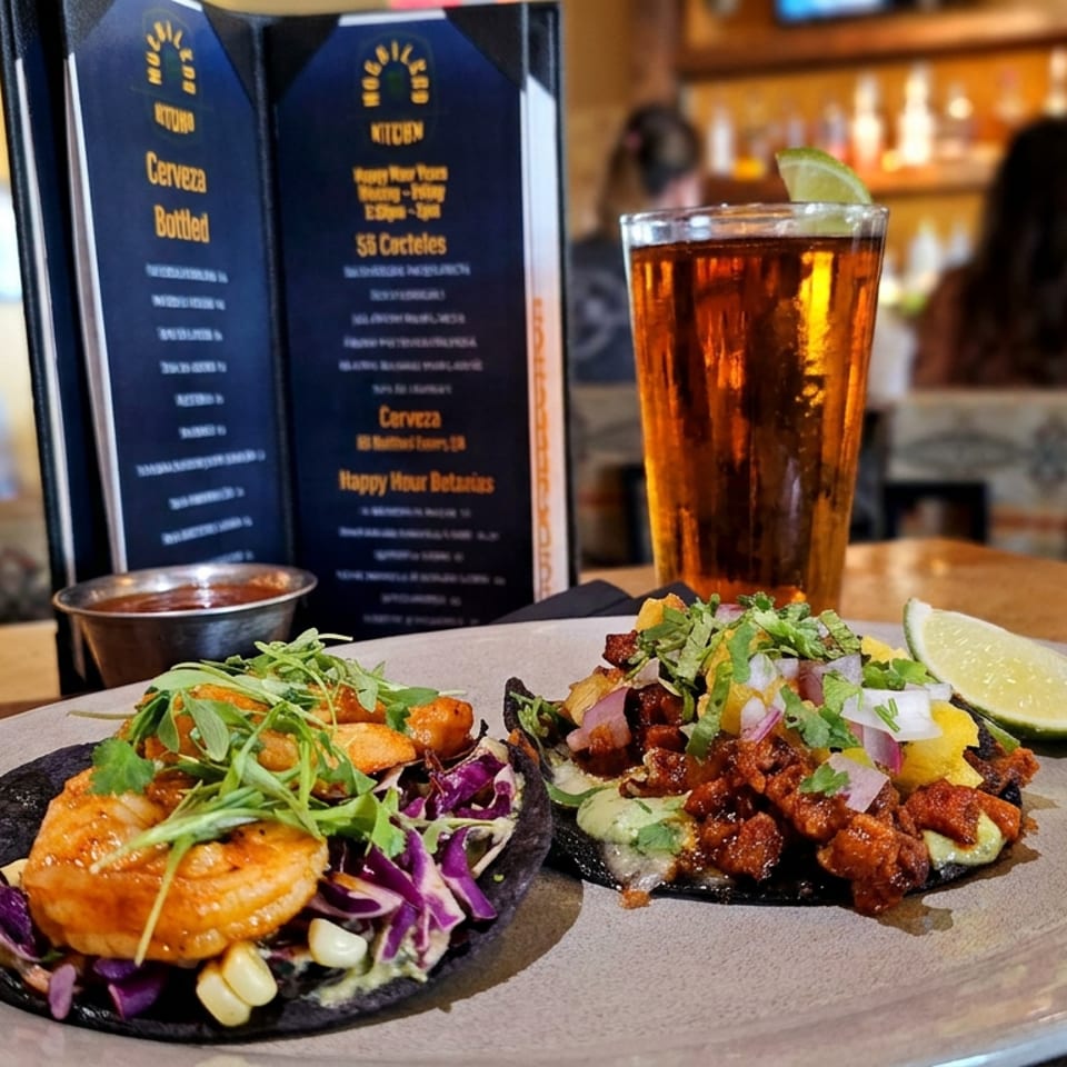 Two colorful tacos topped with seafood, vegetables, and herbs sit on a plate beside lime, salsa, and a beer in a warmly lit restaurant.